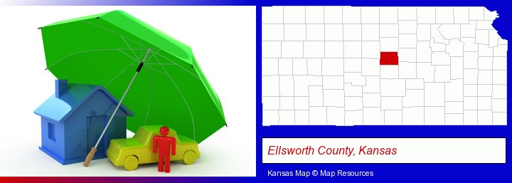 types of insurance; Ellsworth County, Kansas highlighted in red on a map
