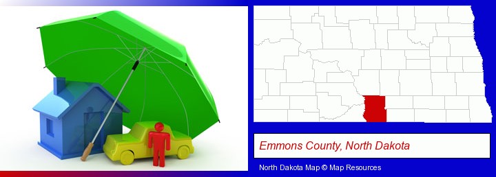 types of insurance; Emmons County, North Dakota highlighted in red on a map