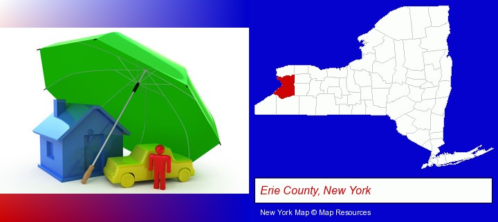 types of insurance; Erie County, New York highlighted in red on a map