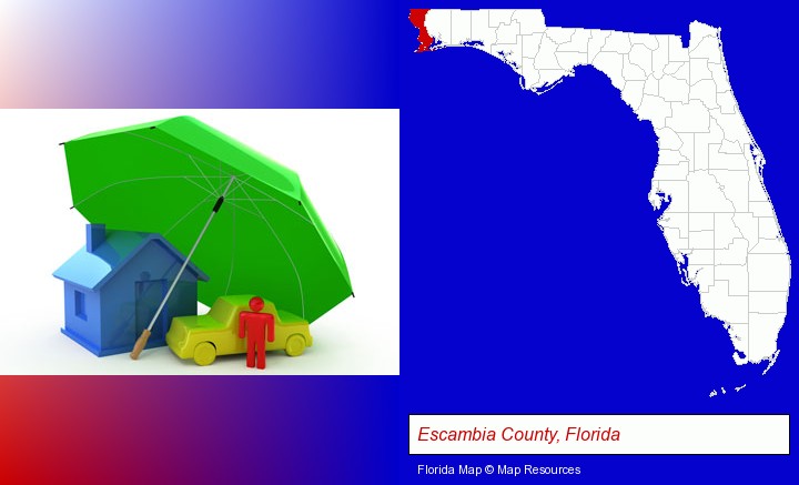 types of insurance; Escambia County, Florida highlighted in red on a map