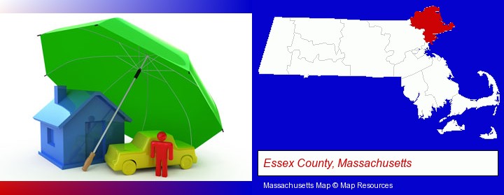 types of insurance; Essex County, Massachusetts highlighted in red on a map