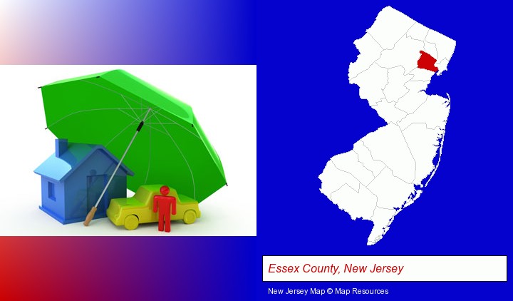 types of insurance; Essex County, New Jersey highlighted in red on a map