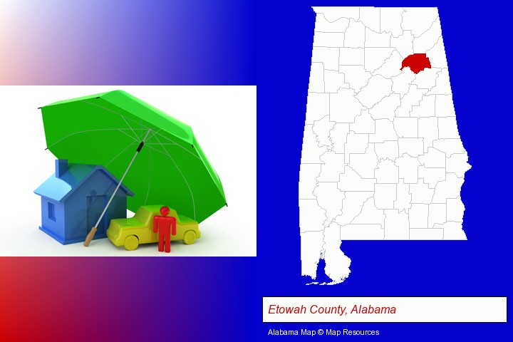 types of insurance; Etowah County, Alabama highlighted in red on a map