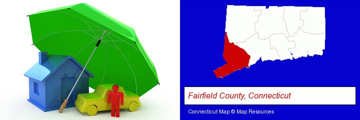 types of insurance; Fairfield County, Connecticut highlighted in red on a map