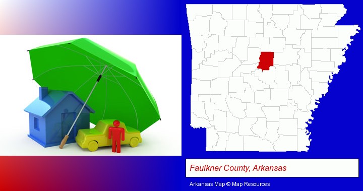 types of insurance; Faulkner County, Arkansas highlighted in red on a map