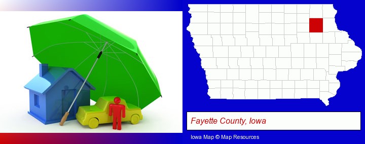 types of insurance; Fayette County, Iowa highlighted in red on a map