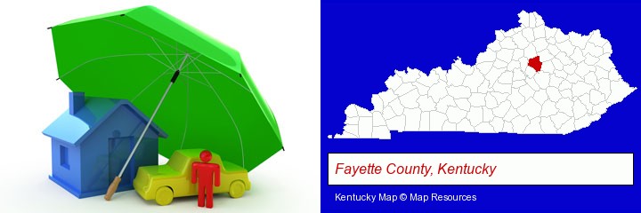 types of insurance; Fayette County, Kentucky highlighted in red on a map