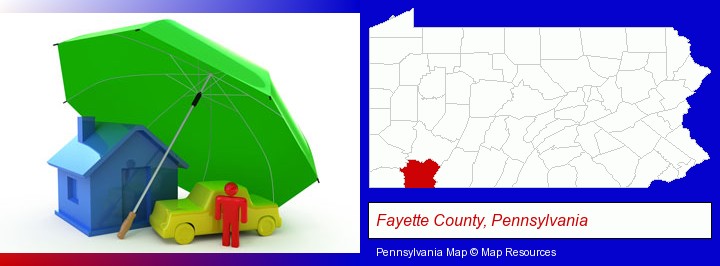 types of insurance; Fayette County, Pennsylvania highlighted in red on a map