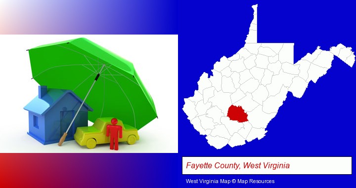 types of insurance; Fayette County, West Virginia highlighted in red on a map