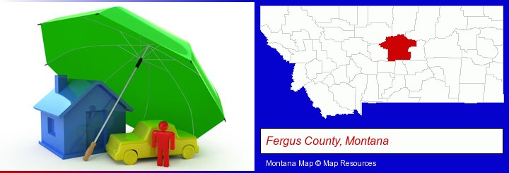 types of insurance; Fergus County, Montana highlighted in red on a map