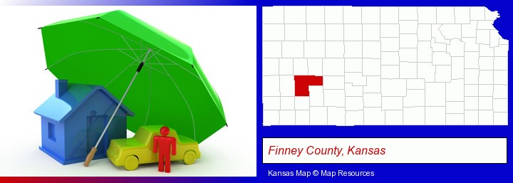 types of insurance; Finney County, Kansas highlighted in red on a map