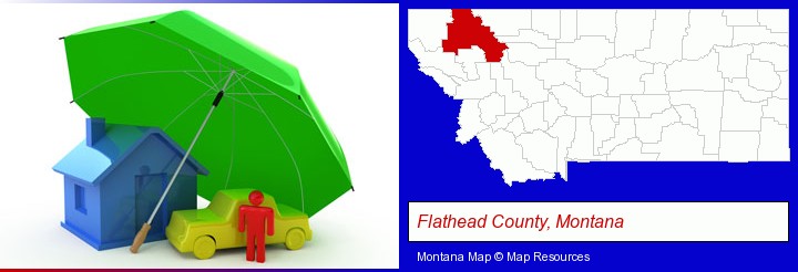 types of insurance; Flathead County, Montana highlighted in red on a map