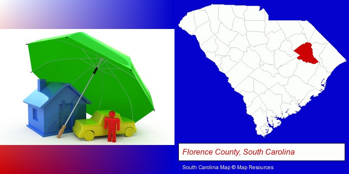 types of insurance; Florence County, South Carolina highlighted in red on a map