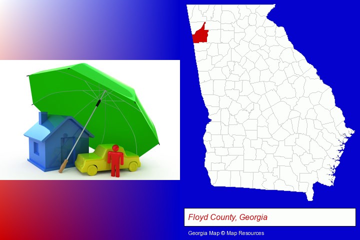 types of insurance; Floyd County, Georgia highlighted in red on a map