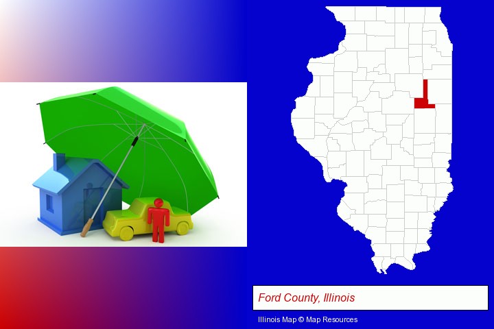 types of insurance; Ford County, Illinois highlighted in red on a map