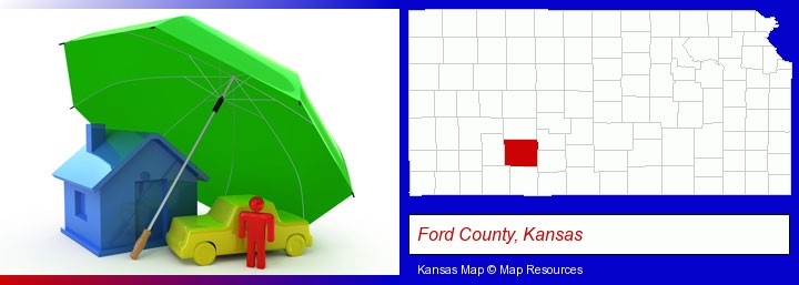 types of insurance; Ford County, Kansas highlighted in red on a map