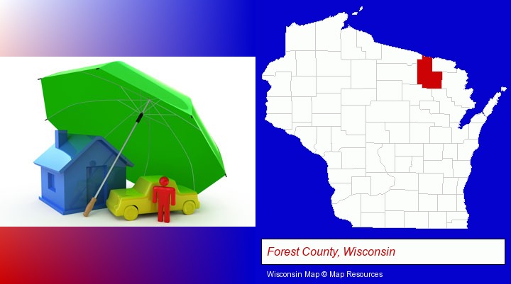 types of insurance; Forest County, Wisconsin highlighted in red on a map