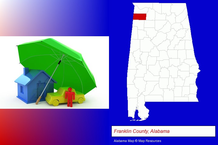 types of insurance; Franklin County, Alabama highlighted in red on a map