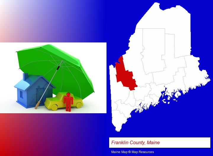 types of insurance; Franklin County, Maine highlighted in red on a map