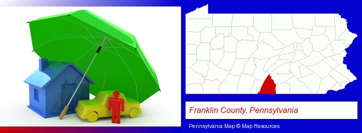 types of insurance; Franklin County, Pennsylvania highlighted in red on a map