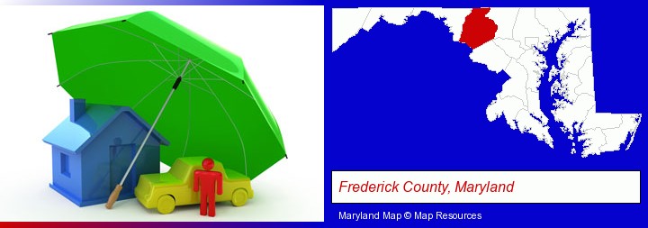 types of insurance; Frederick County, Maryland highlighted in red on a map