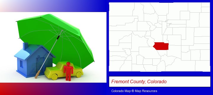 types of insurance; Fremont County, Colorado highlighted in red on a map