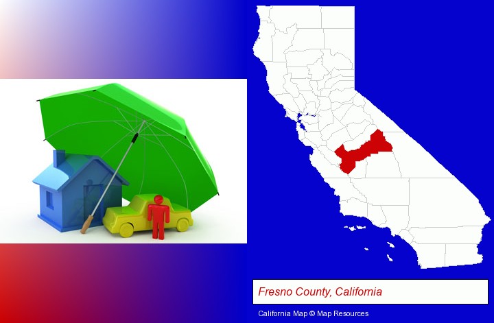 types of insurance; Fresno County, California highlighted in red on a map