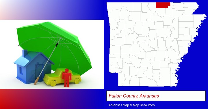 types of insurance; Fulton County, Arkansas highlighted in red on a map