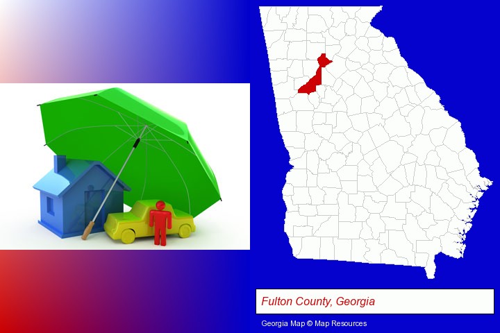 types of insurance; Fulton County, Georgia highlighted in red on a map