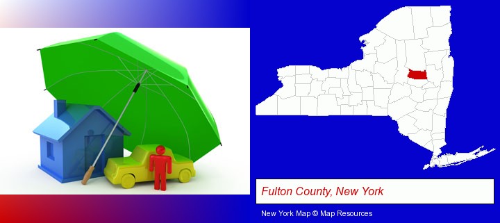 types of insurance; Fulton County, New York highlighted in red on a map