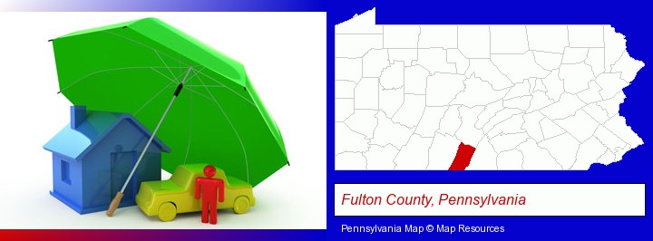 types of insurance; Fulton County, Pennsylvania highlighted in red on a map
