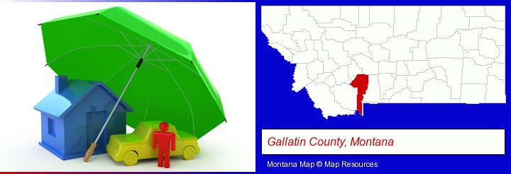 types of insurance; Gallatin County, Montana highlighted in red on a map