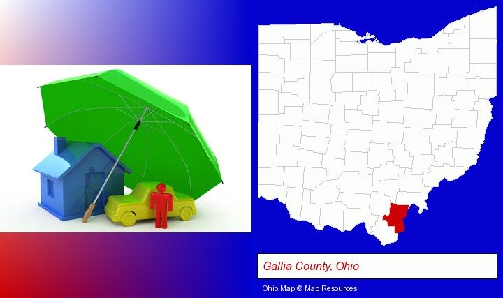 types of insurance; Gallia County, Ohio highlighted in red on a map