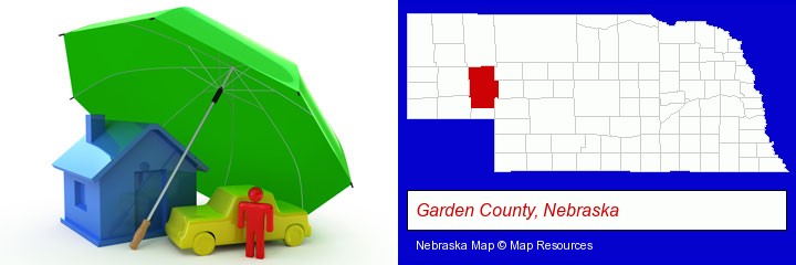 types of insurance; Garden County, Nebraska highlighted in red on a map