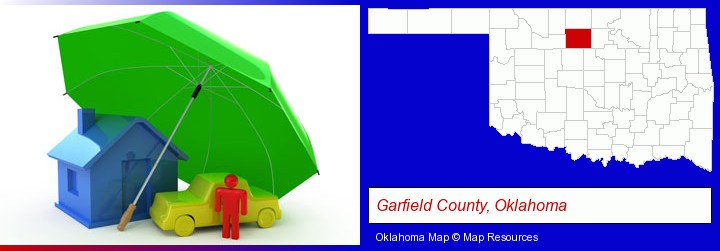types of insurance; Garfield County, Oklahoma highlighted in red on a map