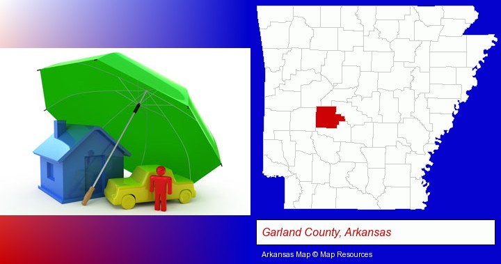 types of insurance; Garland County, Arkansas highlighted in red on a map