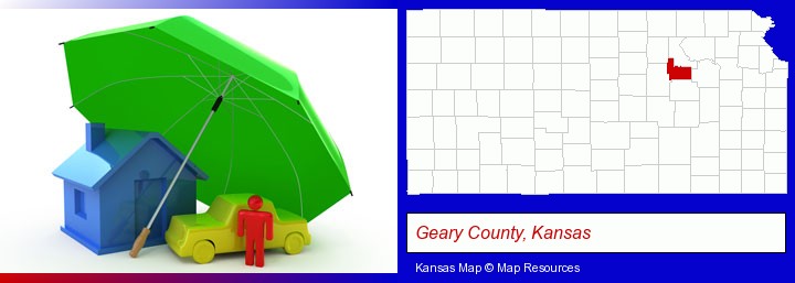 types of insurance; Geary County, Kansas highlighted in red on a map