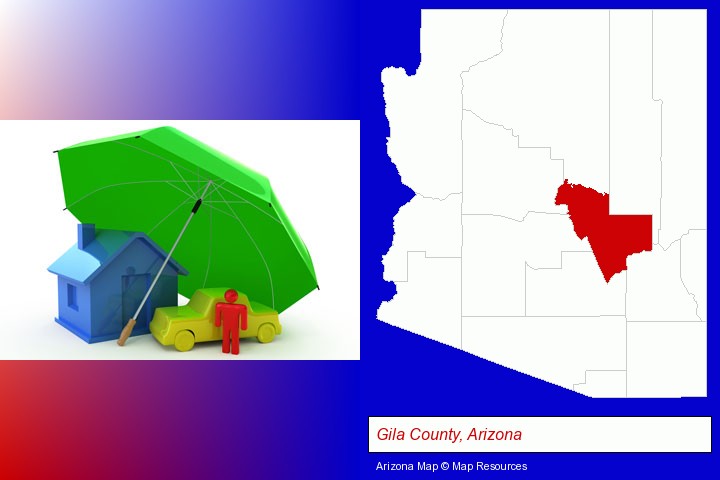 types of insurance; Gila County, Arizona highlighted in red on a map