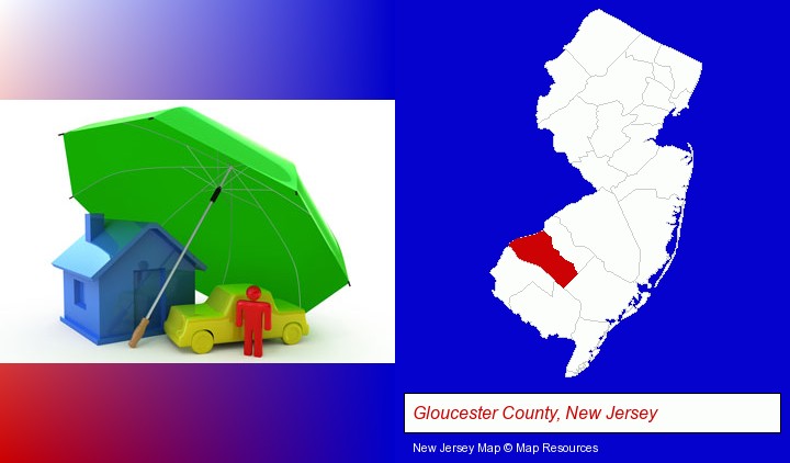 types of insurance; Gloucester County, New Jersey highlighted in red on a map