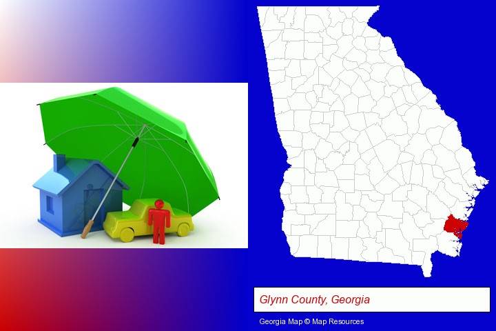 types of insurance; Glynn County, Georgia highlighted in red on a map