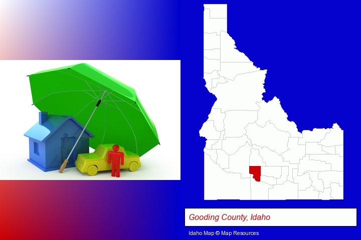 types of insurance; Gooding County, Idaho highlighted in red on a map