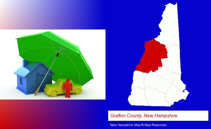 types of insurance; Grafton County, New Hampshire highlighted in red on a map