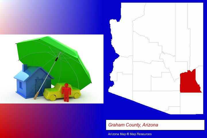 types of insurance; Graham County, Arizona highlighted in red on a map