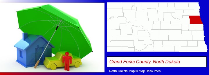 types of insurance; Grand Forks County, North Dakota highlighted in red on a map