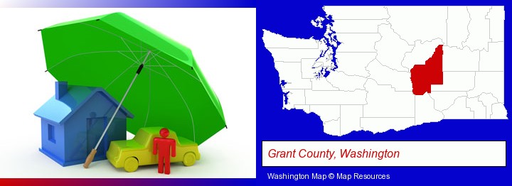 types of insurance; Grant County, Washington highlighted in red on a map