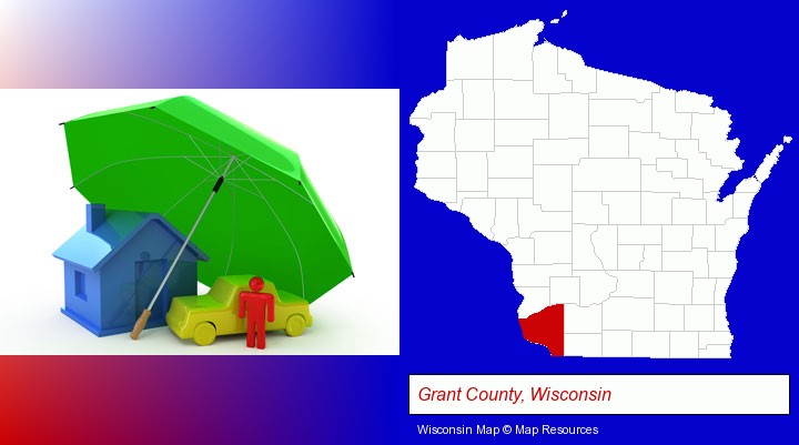types of insurance; Grant County, Wisconsin highlighted in red on a map