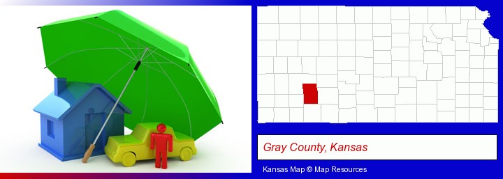 types of insurance; Gray County, Kansas highlighted in red on a map