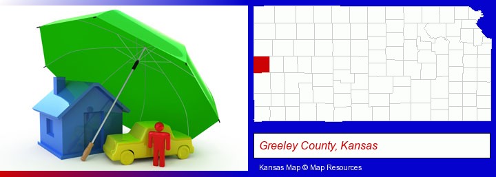 types of insurance; Greeley County, Kansas highlighted in red on a map