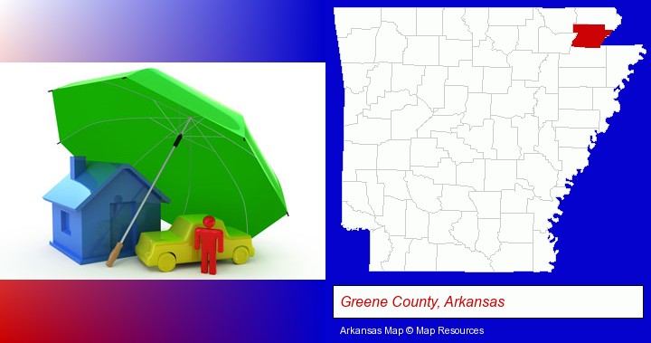 types of insurance; Greene County, Arkansas highlighted in red on a map