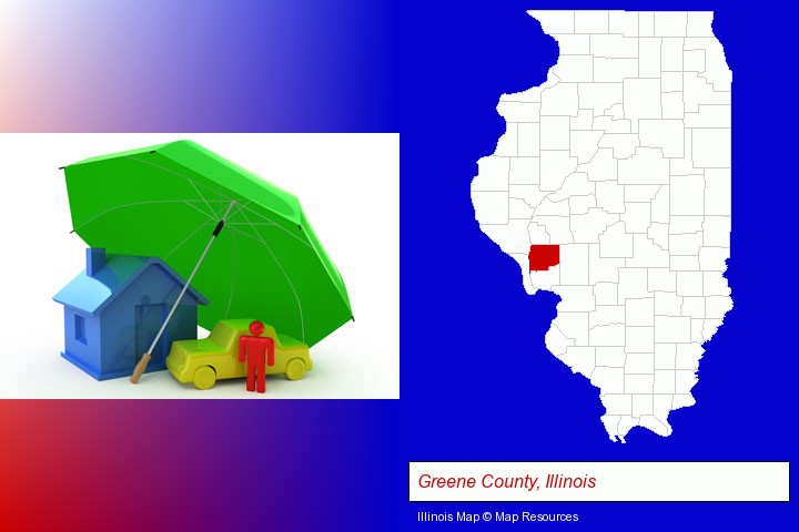 types of insurance; Greene County, Illinois highlighted in red on a map